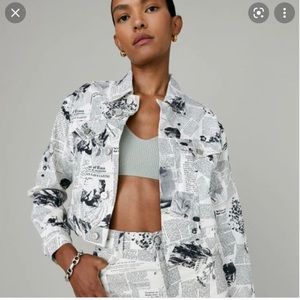Reformation Shrunken Denim Jacket in Newspaper Print. SZ XS.